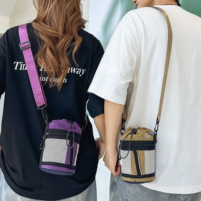 SEVENZ STUDIO-Plaid Drawstring Crossbody Bucket Bag