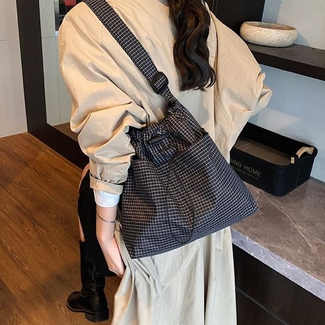 SEVENZ STUDIO-Plaid Drawstring Nylon Crossbody Bag