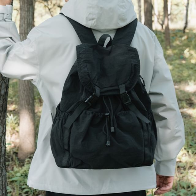 SEVENZ STUDIO-Plain Drawstring Buckled Flap Backpack