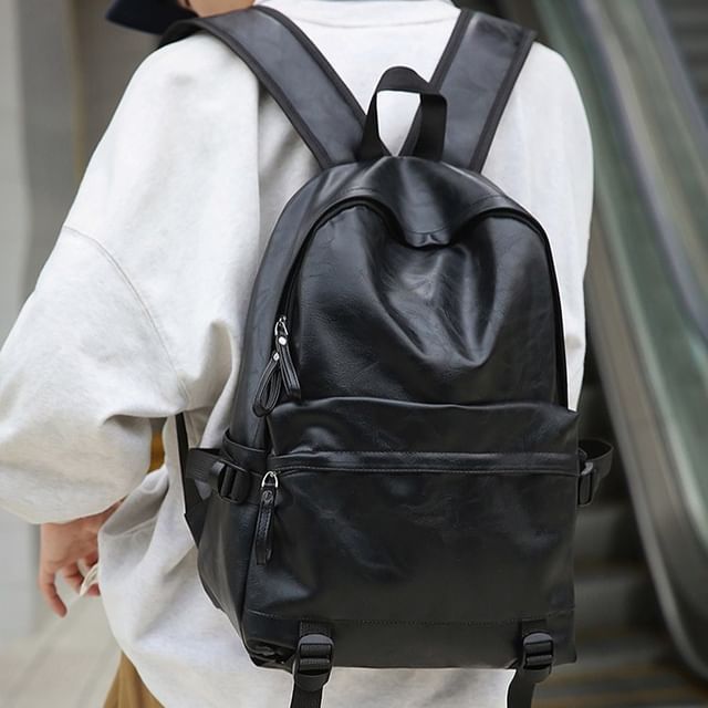 SEVENZ STUDIO-Plain Faux Leather Zip Backpack