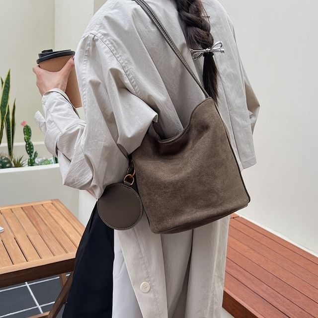 SEVENZ STUDIO-Plain Faux Suede Bucket Bag