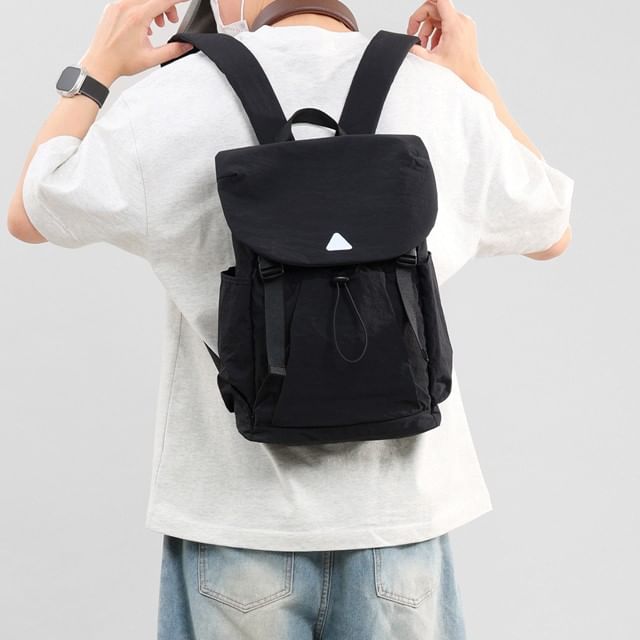 SEVENZ STUDIO-Plain Flap Drawstring Nylon Backpack