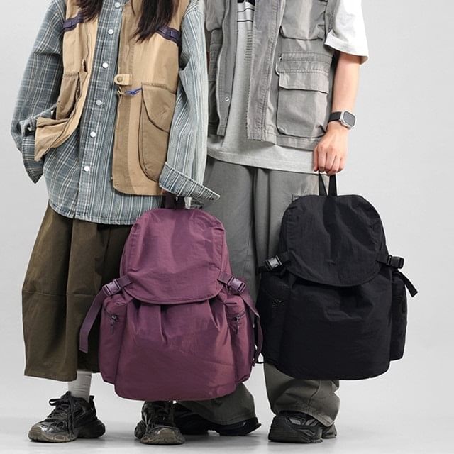 SEVENZ STUDIO-Plain Flap Nylon Backpack