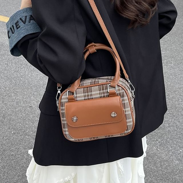 SEVENZ STUDIO-Top Handle Plaid Crossbody Bag