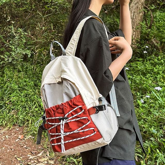 SEVENZ STUDIO-Two Tone Buckled Drawstring Nylon Backpack