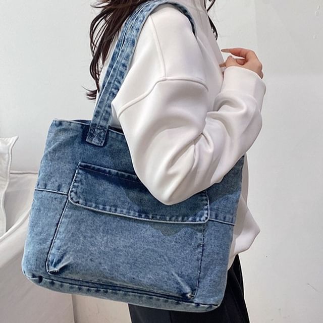 SEVENZ STUDIO-Washed Flap Pocket Denim Tote Bag