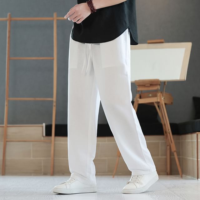 Sheck-Drawstring Waist Plain Straight Leg Pants