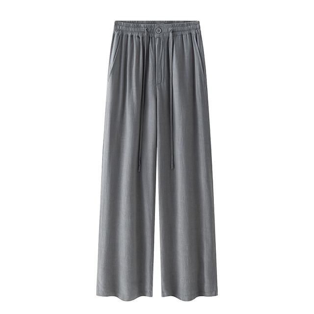Sheck-Drawstring Waist Plain Wide Leg Pants