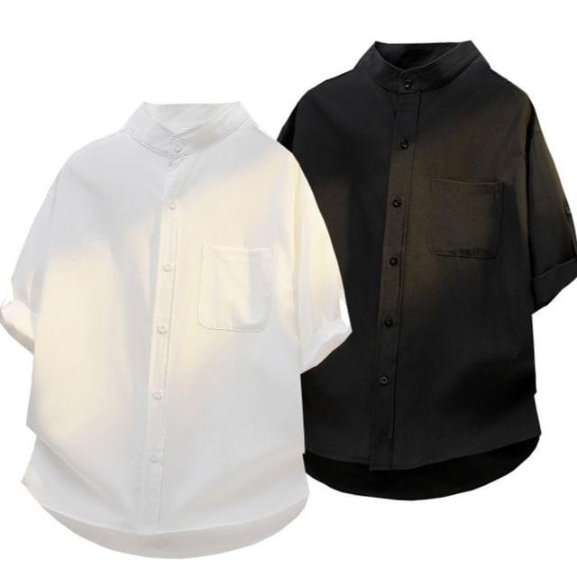 Sheck-Elbow-Sleeve Plain Button-Up Shirt