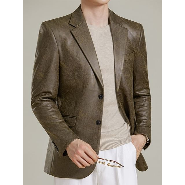 Sheck-Lapel Collar Faux Leather Plain Button Up Blazer