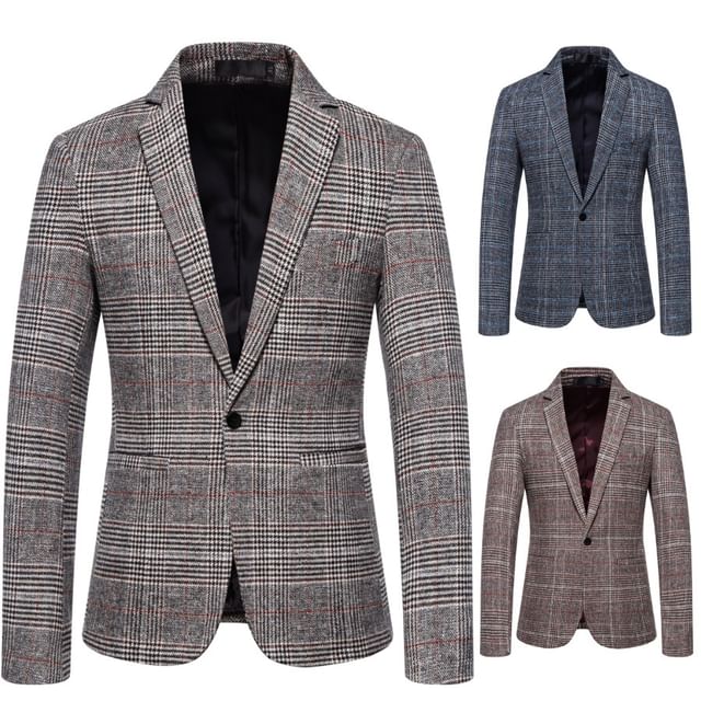 Sheck-Lapel Collar Plaid Single Breasted Blazer