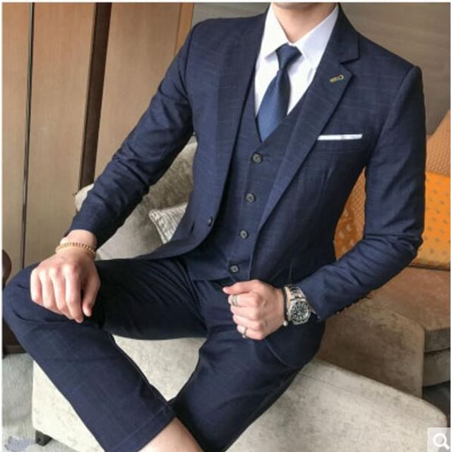 Sheck-Set Lapel Collar Plaid Single Breasted Blazer Button Vest Mid Rise Dress Pants
