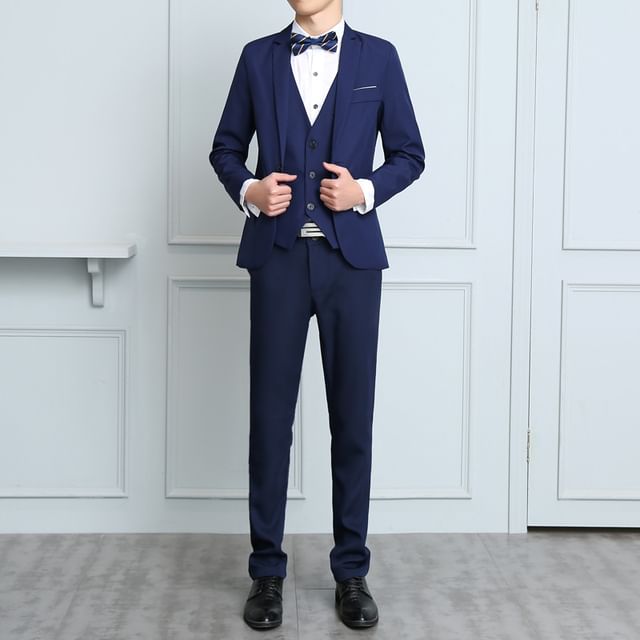 Sheck-Set Lapel Collar Plain Single Breasted Blazer Button Vest Mid Rise Dress Pants