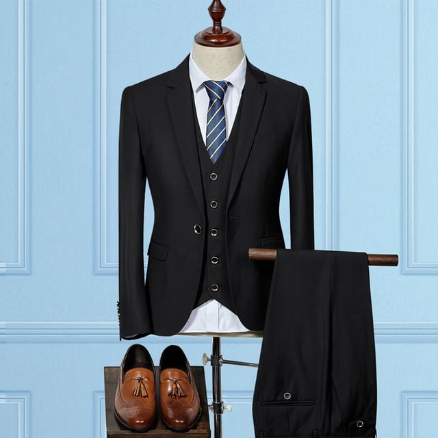 Sheck-Set Lapel Collar Plain Single Breasted Blazer Button Vest Mid Rise Dress Pants