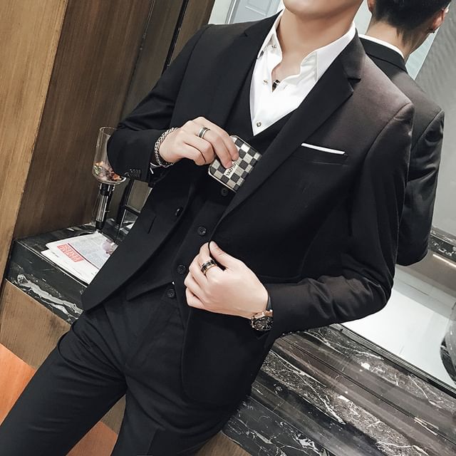 Sheck-Set Lapel Collar Plain Single Breasted Blazer Button Vest Mid Rise Dress Pants