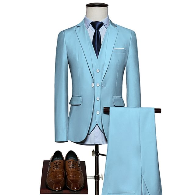 Sheck-Set Lapel Collar Plain Single Breasted Blazer Button Vest Mid Rise Dress Pants