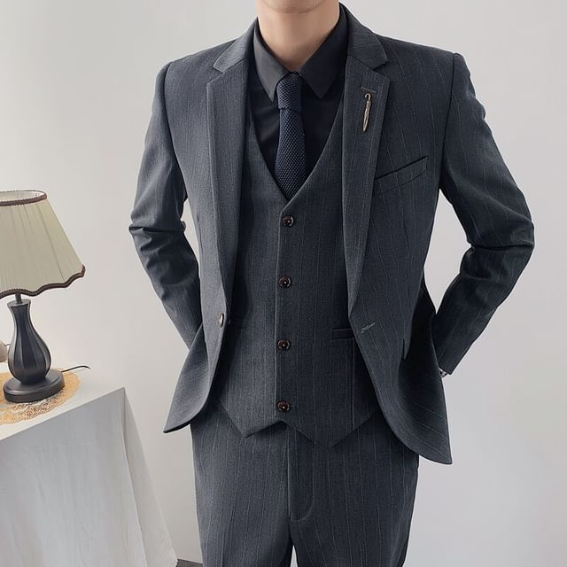 Sheck-Set Lapel Collar Plain Single Breasted Blazer Button Vest Mid Rise Dress Pants