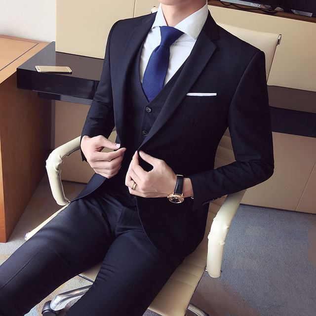 Sheck-Set Lapel Collar Plain Single Breasted Blazer Button Vest Mid Rise Dress Pants