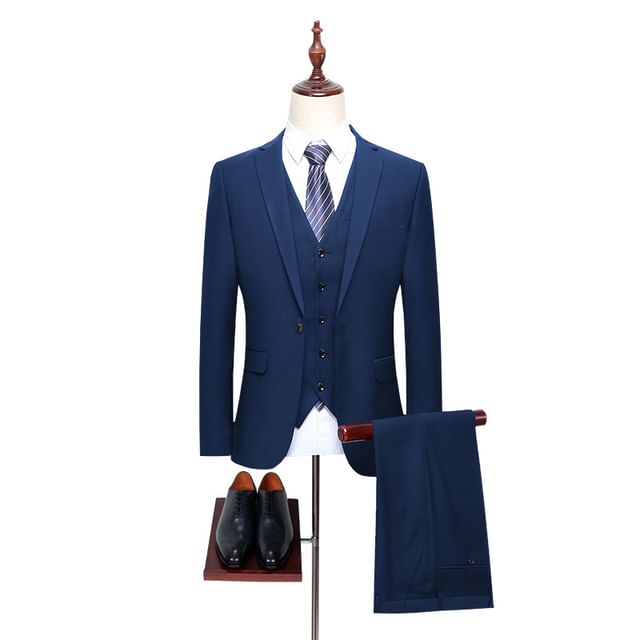 Sheck-Set Lapel Collar Plain Single Breasted Blazer Button Vest Mid Rise Dress Pants