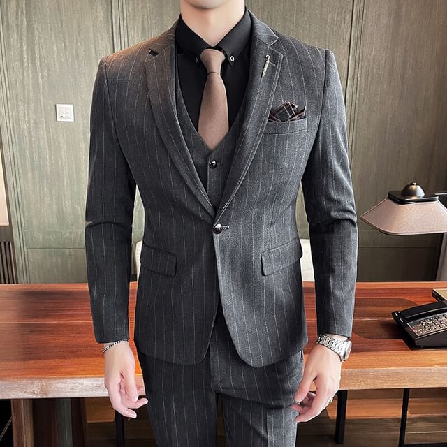 Sheck-Set Lapel Collar Striped Single Breasted Blazer Button Vest Mid Rise Dress Pants