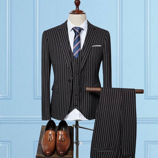 Sheck-Set Lapel Collar Striped Single Breasted Blazer Button Vest Mid Rise Dress Pants