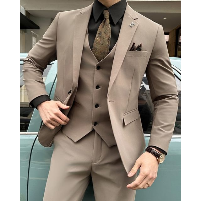 Sheck-Set Notch Lapel Plain Single Breasted Blazer V-Neck Button Vest Mid Rise Cropped Tapered Dress Pants