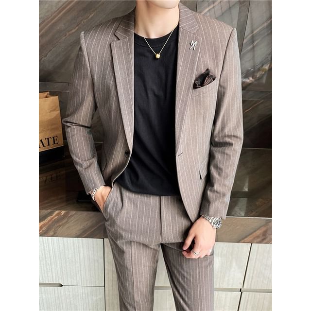 Sheck-Set Notch Lapel Striped Single Breasted Blazer Mid Rise Cropped Tapered Dress Pants