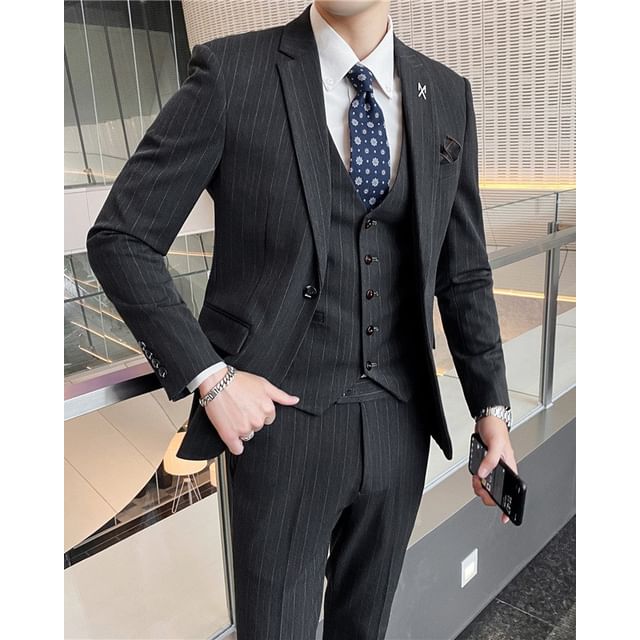 Sheck-Set Notch Lapel Striped Single Breasted Blazer V-Neck Button Vest Mid Rise Cropped Tapered Dress Pants