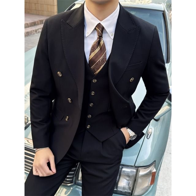 Sheck-Set Peak Lapel Plain Double Breasted Blazer V-Neck Button Vest Mid Rise Cropped Tapered Dress Pants