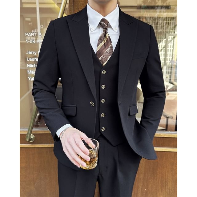Sheck-Set Peak Lapel Plain Single Breasted Blazer V-Neck Button Vest Mid Rise Cropped Tapered Dress Pants