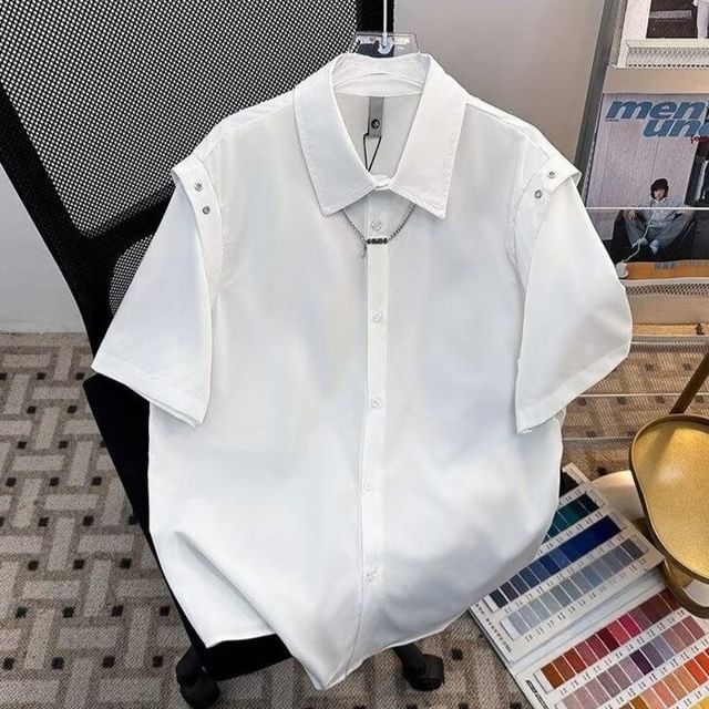 Sheck-Short-Sleeve Plain Button-Up Shirt