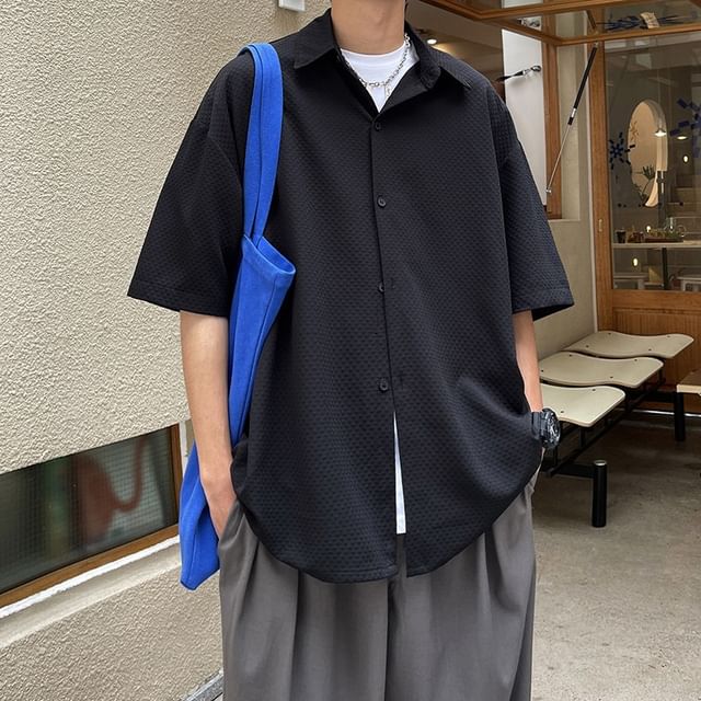 Sheck-Short-Sleeve Plain Button-Up Shirt
