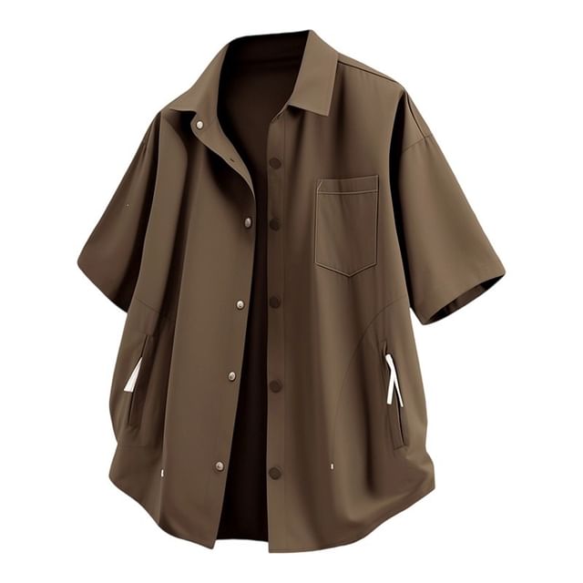 Sheck-Short-Sleeve Plain Button-Up Shirt