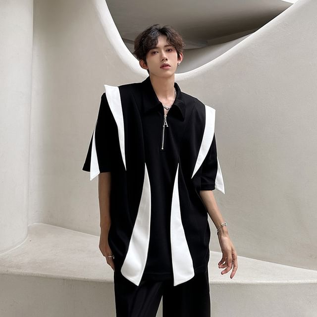 Sheck-Short-Sleeve Two-Tone Half-Zip Shirt