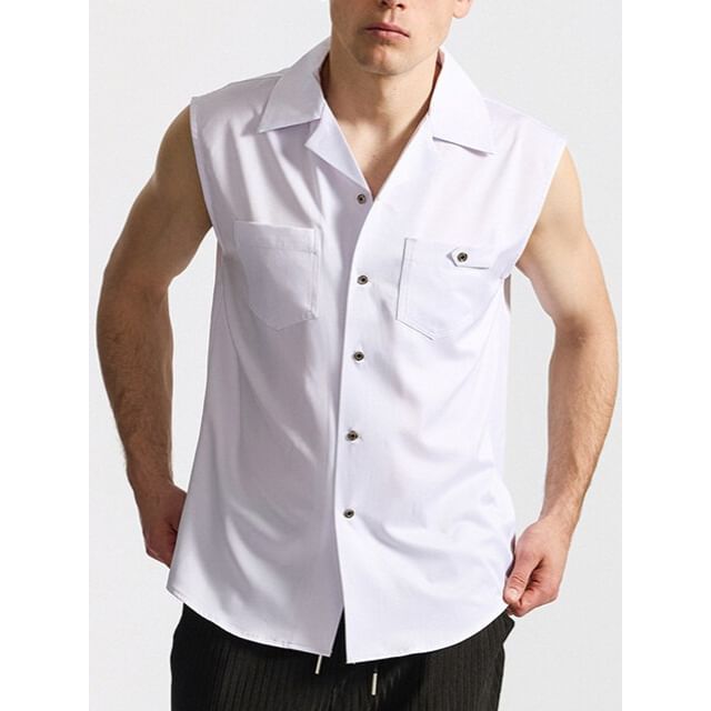 Sheck-Sleeveless Button-Up Plain Shirt