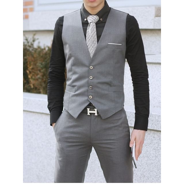 Sheck-V-Neck Plain Button Up Vest