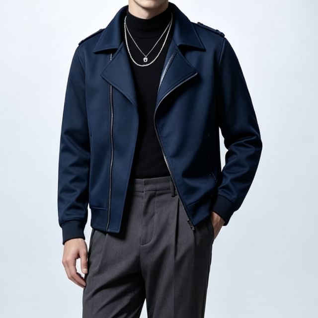 Shineon Studio-Asymmetrical Collar Plain Zip-Up Jacket