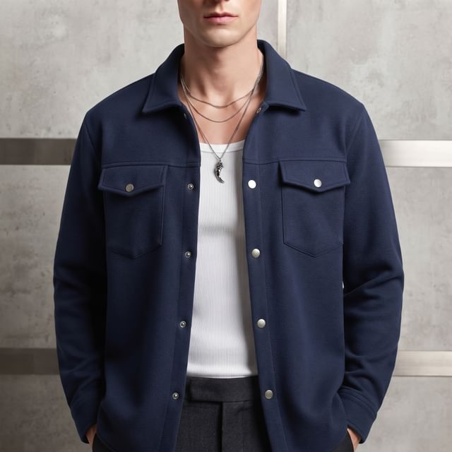 Shineon Studio-Collared Button-Up Plain Jacket
