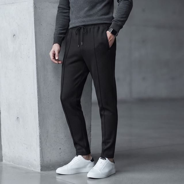 Shineon Studio-Drawstring Waist Plain Regular Fit Tapered Pants