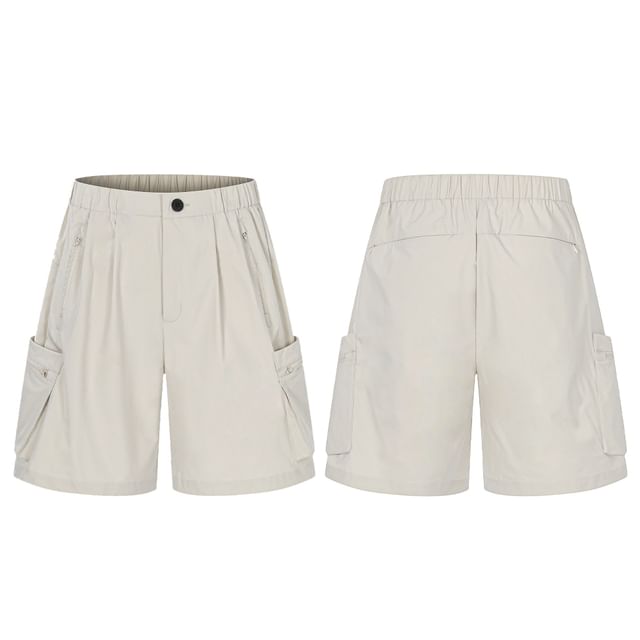 Shineon Studio-Elastic Waist Plain Shorts