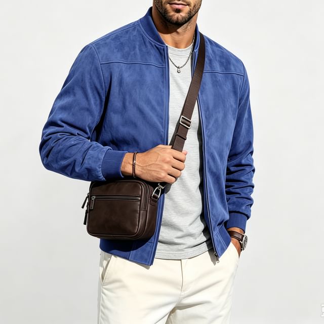 Shineon Studio-Faux Suede Plain Zip-Up Jacket