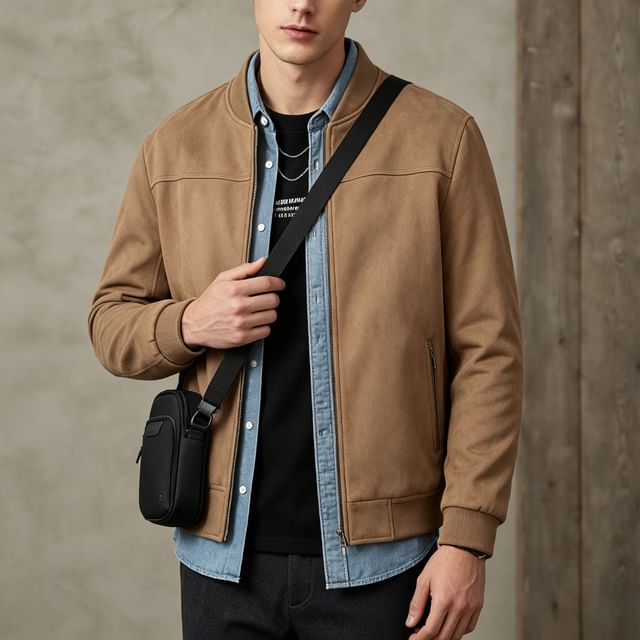 Shineon Studio-Faux Suede Plain Zip-Up Jacket