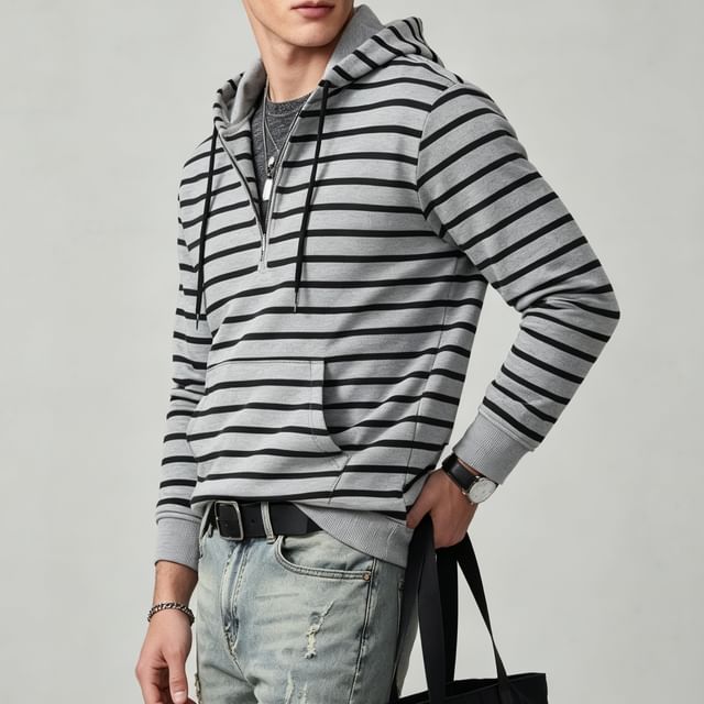 Shineon Studio-Half Zip Striped Kangaroo Pocket Hoodie
