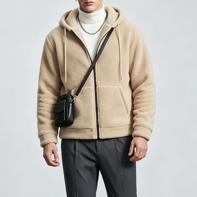 Shineon Studio-Kangaroo Pocket Plain Zip-Up Hoodie