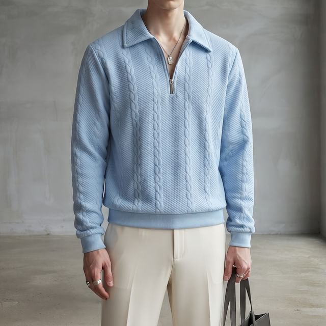 Shineon Studio-Long-Sleeve Half Zip Cable Knit Polo Shirt