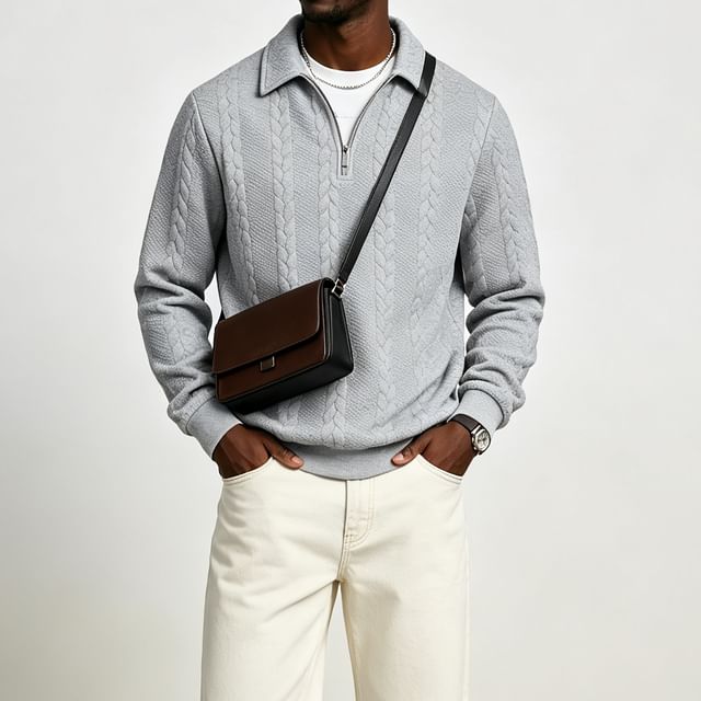 Shineon Studio-Long-Sleeve Half Zip Cable Knit Polo Shirt