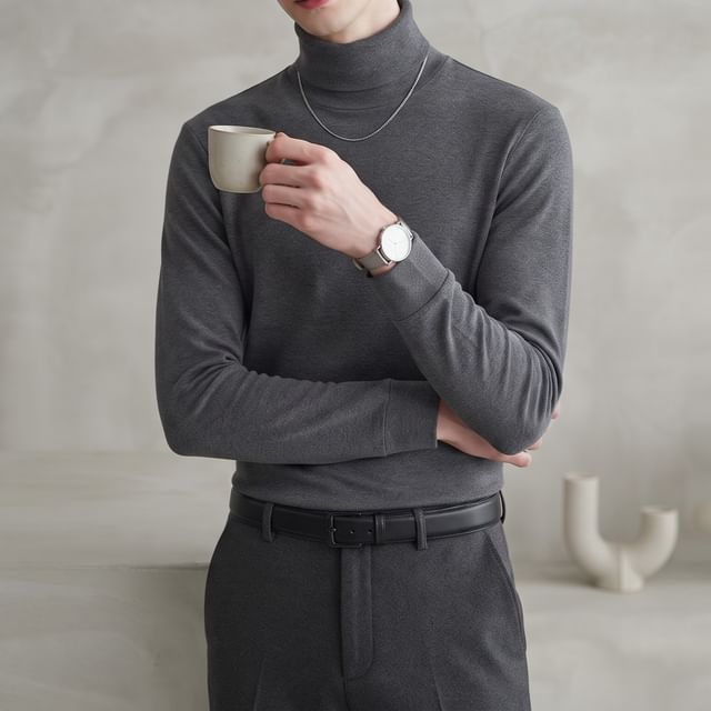 Shineon Studio-Long-Sleeve Mock Neck Woolen Plain T-Shirt