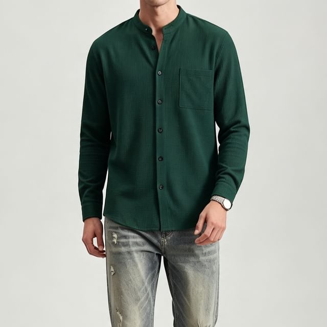 Shineon Studio-Long-Sleeve Stand Collar Button-Up Waffle Plain Shirt