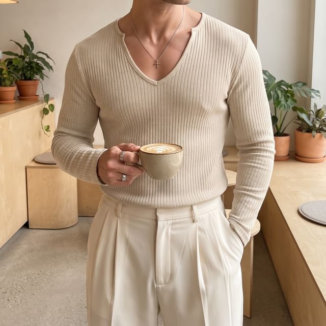 Shineon Studio-Long-Sleeve V-Neck Ribbed Plain T-Shirt