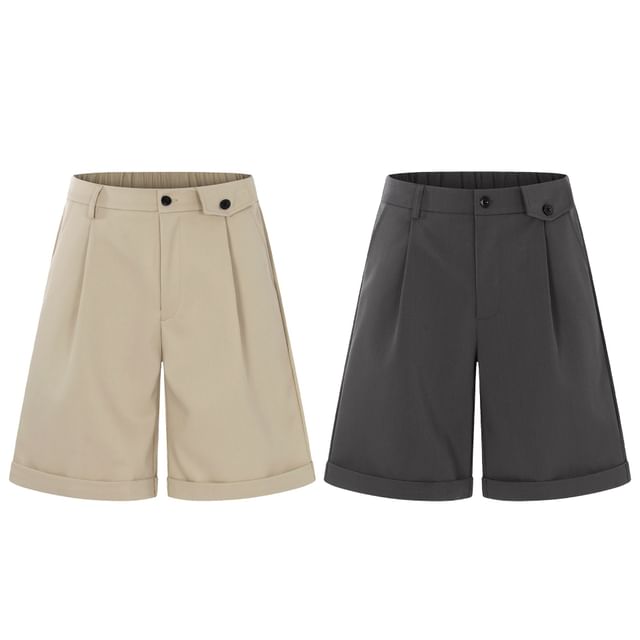 Shineon Studio-Mid Waist Plain Dress Shorts